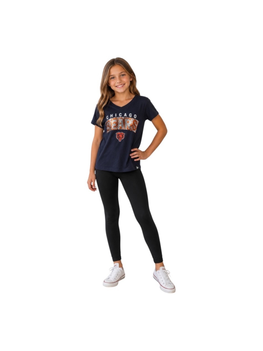 Chicago Bears Girls Sequin Flip Graphic T-Shirt Navy Size 10/12 NFL Team Apparel